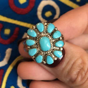 Vintage Petit Point Turquoise and Silver Ring